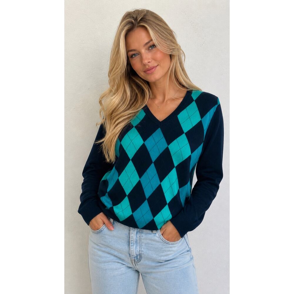 TOMMY HILFIGER Teal Black Womens Preppy Diamond Argyle Longsleeve Sweater sz XL